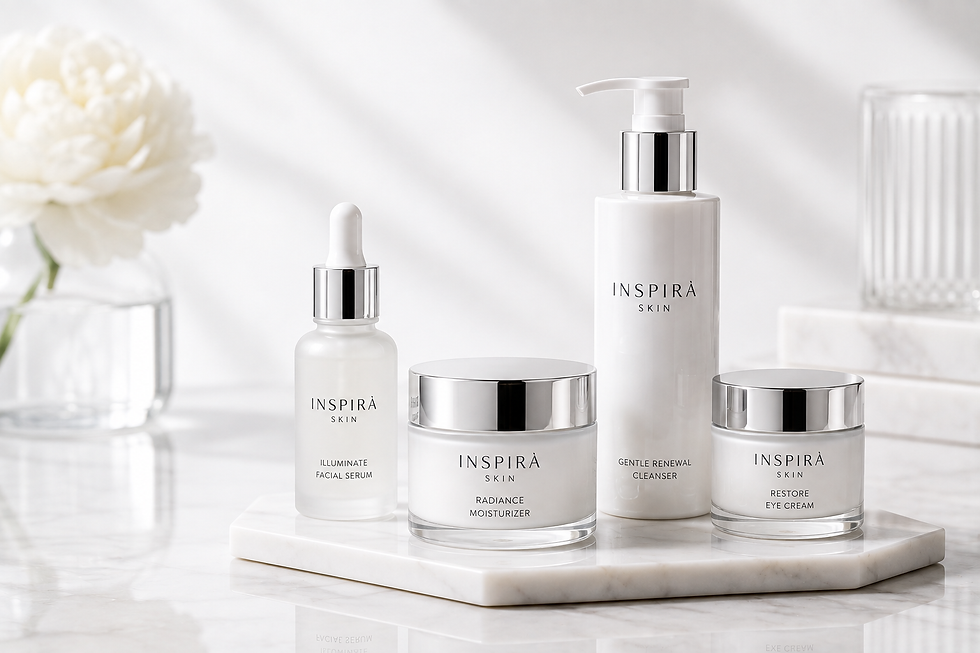 Eye-level view of amber skincare bottles beside simple botanical ingredients.