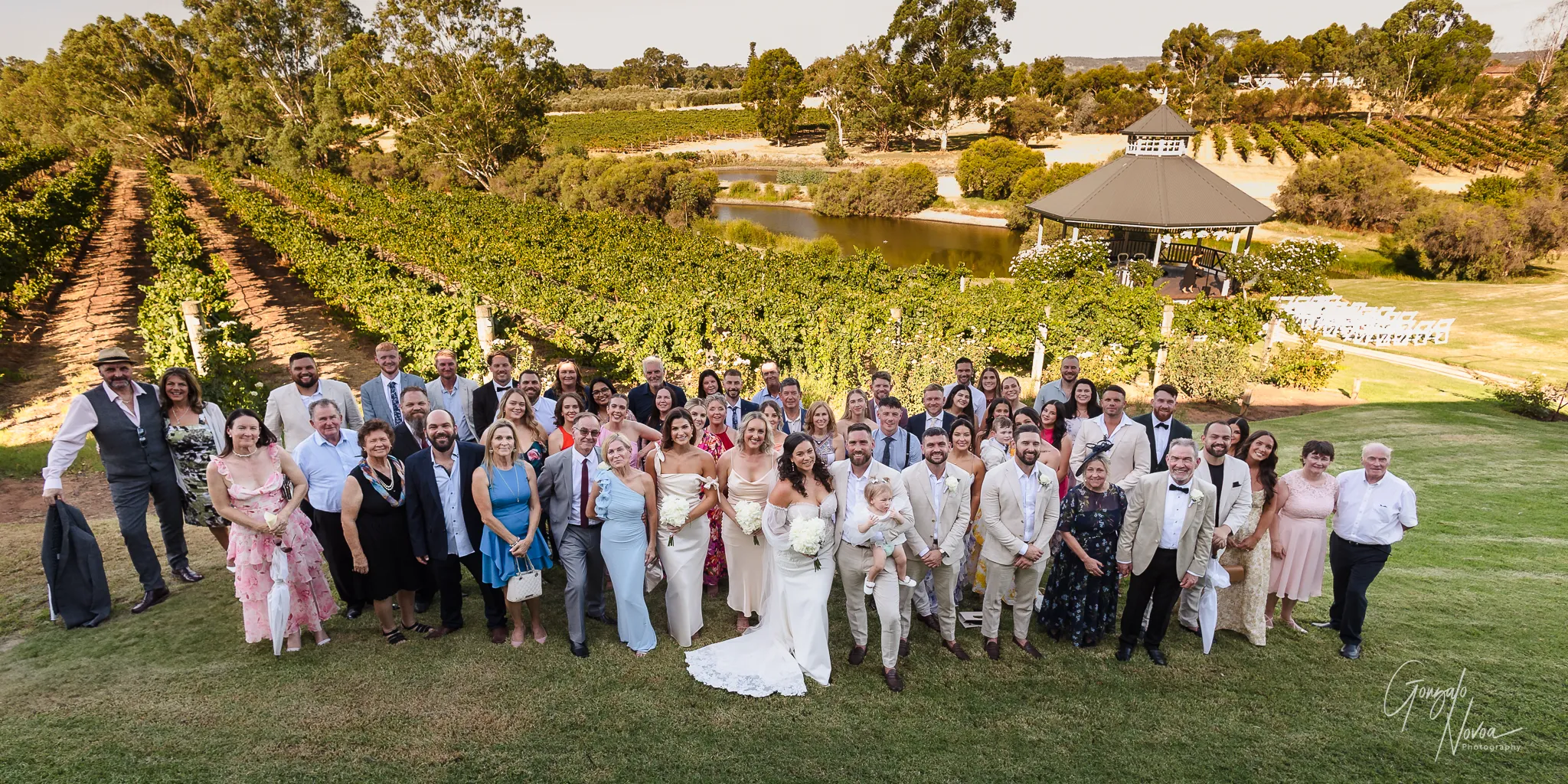 Full wedding group photo with the bride and groom, their wedding party, and guests smiling and posing together on the lush green lawn at Sittella Winery, framed by vineyard rows and a gazebo in the background.ye