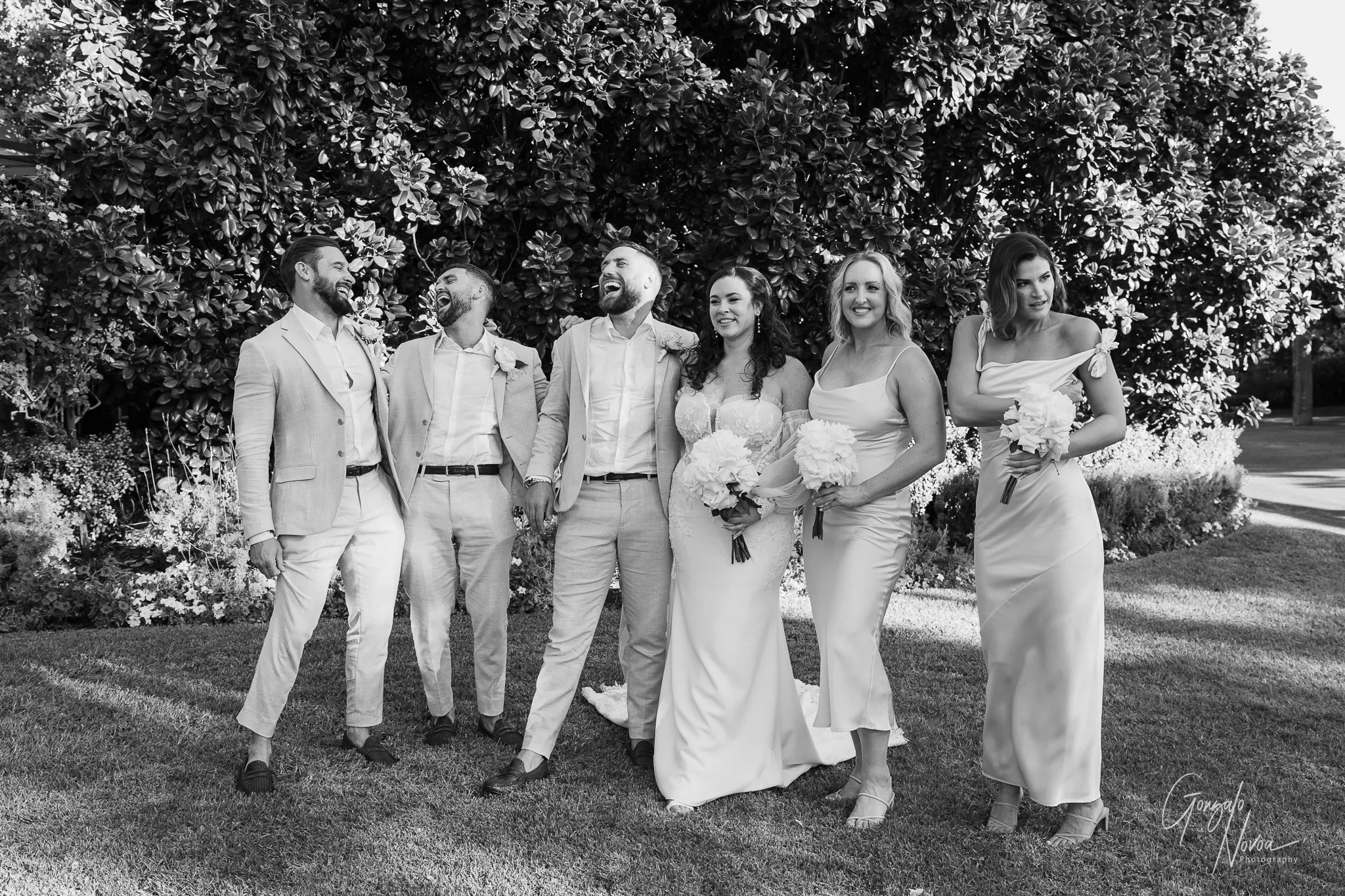 The bridal party laughing together in a candid moment, with Tahnee and James in the centre holding hands and bouquets in front of lush greenery