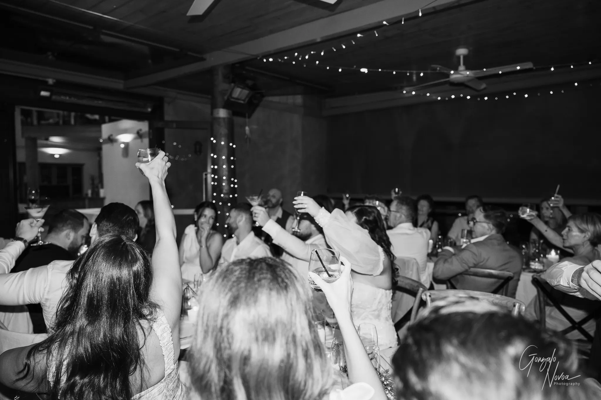 Wedding guests raise their glasses high during a heartfelt toast inside a warmly lit reception venue. The bride is seen smiling and lifting her drink among friends and family, with fairy lights twinkling around wooden pillars and across the ceiling, adding a cosy, festive glow to the celebration.