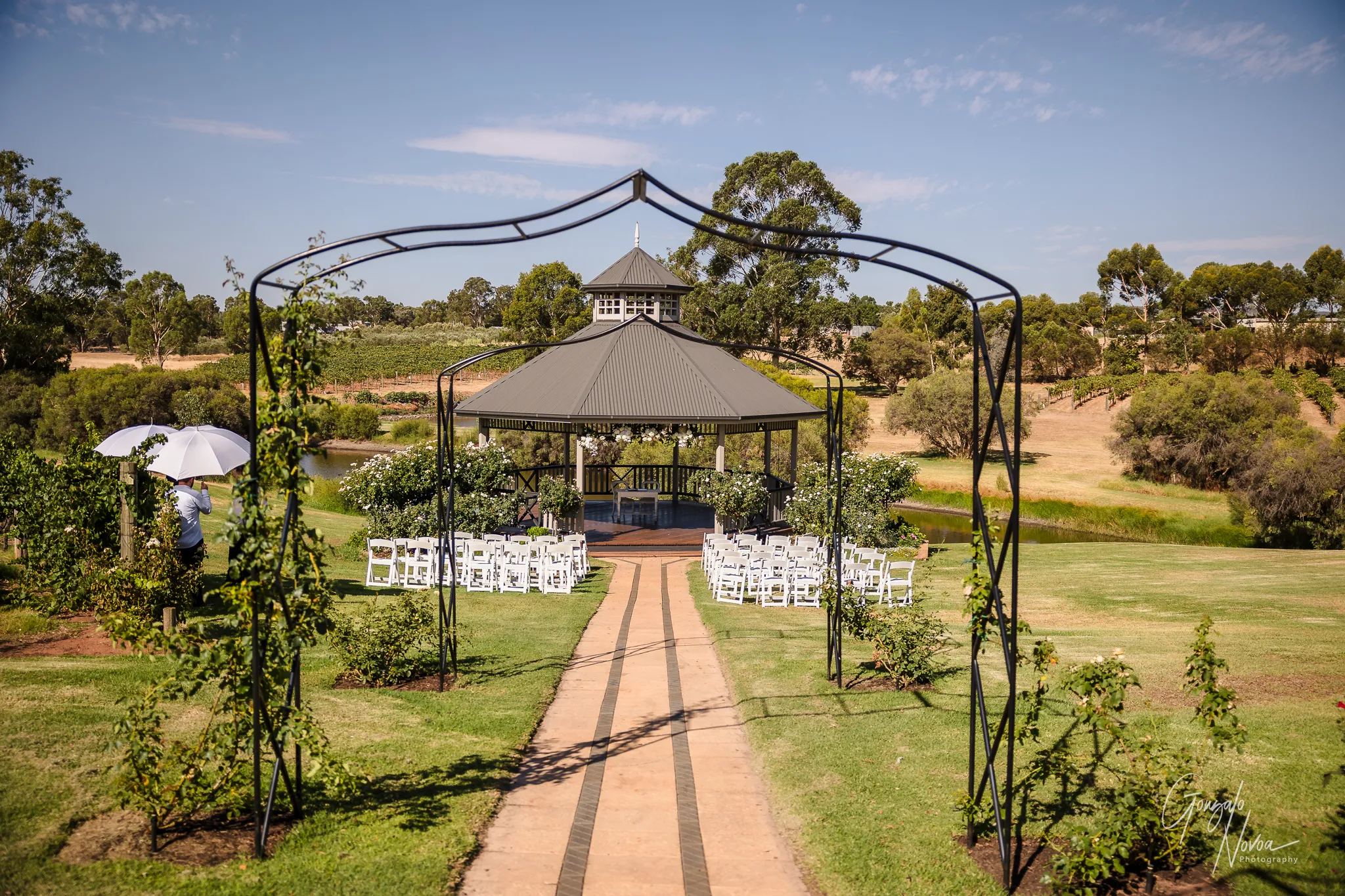 Gazebo ceremony setup at Sittella Winery surrounded by vineyard and open green fields.