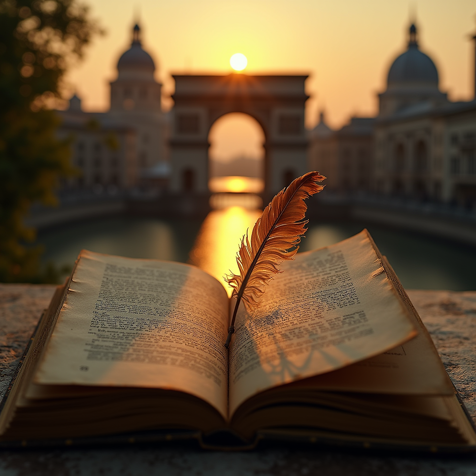 2026 - Built For Poets. By A Poet - PoetiKit - An open book with a feather resting on its pages, facing a European archway and domed buildings reflected on the water at sunrise - A Digital Residency For Poets Powered By AI Agentic Mentorship
