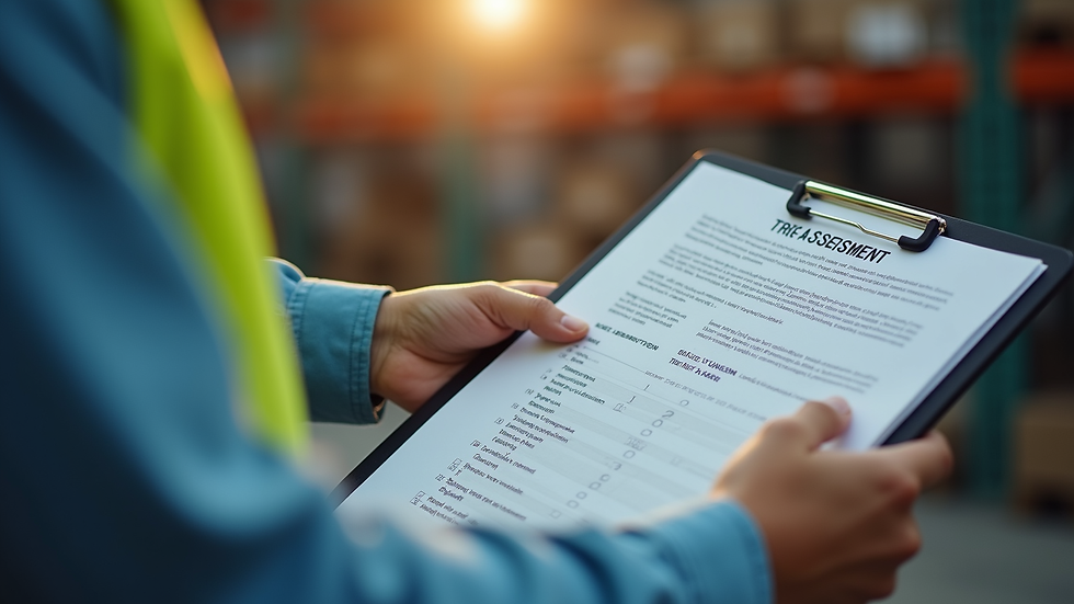Close-up view of a workplace safety officer reviewing a risk assessment checklist
