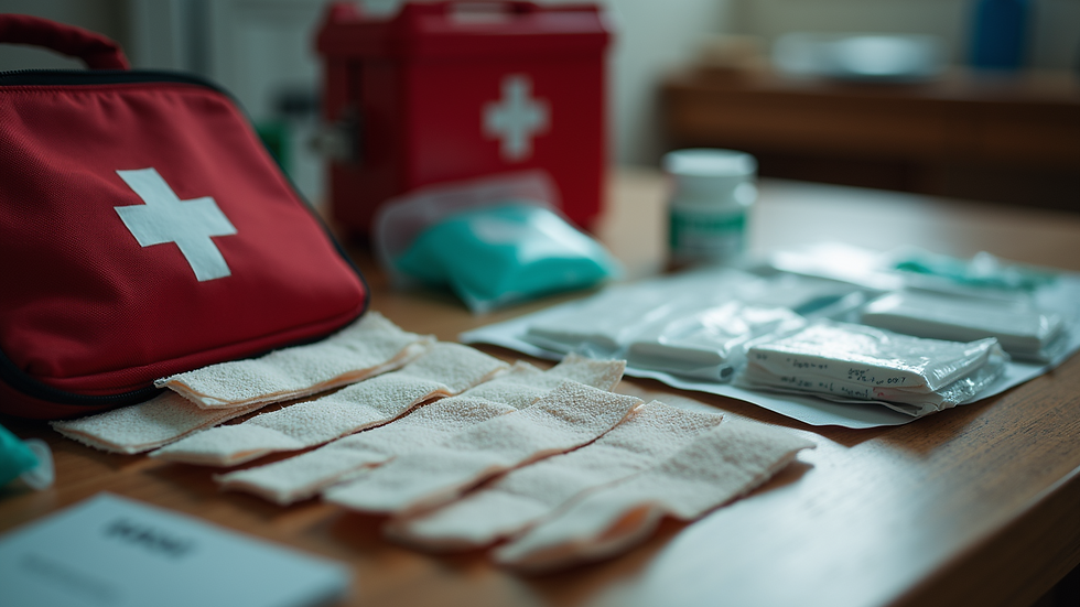 Close-up view of a well-stocked first aid kit with bandages and medical supplies