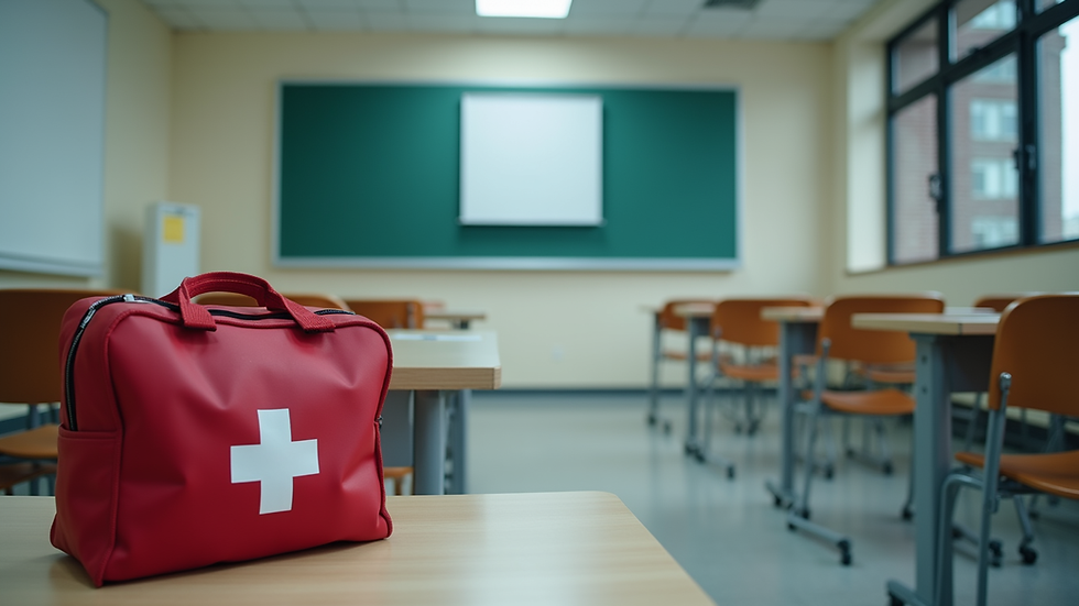 High angle view of a classroom setting with first aid training materials