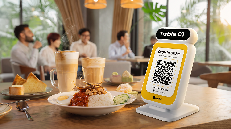 Café table with a Smart Store QR ordering device showing 'Scan to Order' next to coffee and food.
