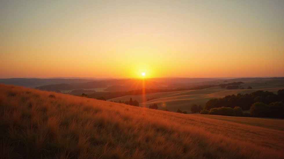 Eye-level view of a serene Missouri landscape featuring rolling hills and a sunset
