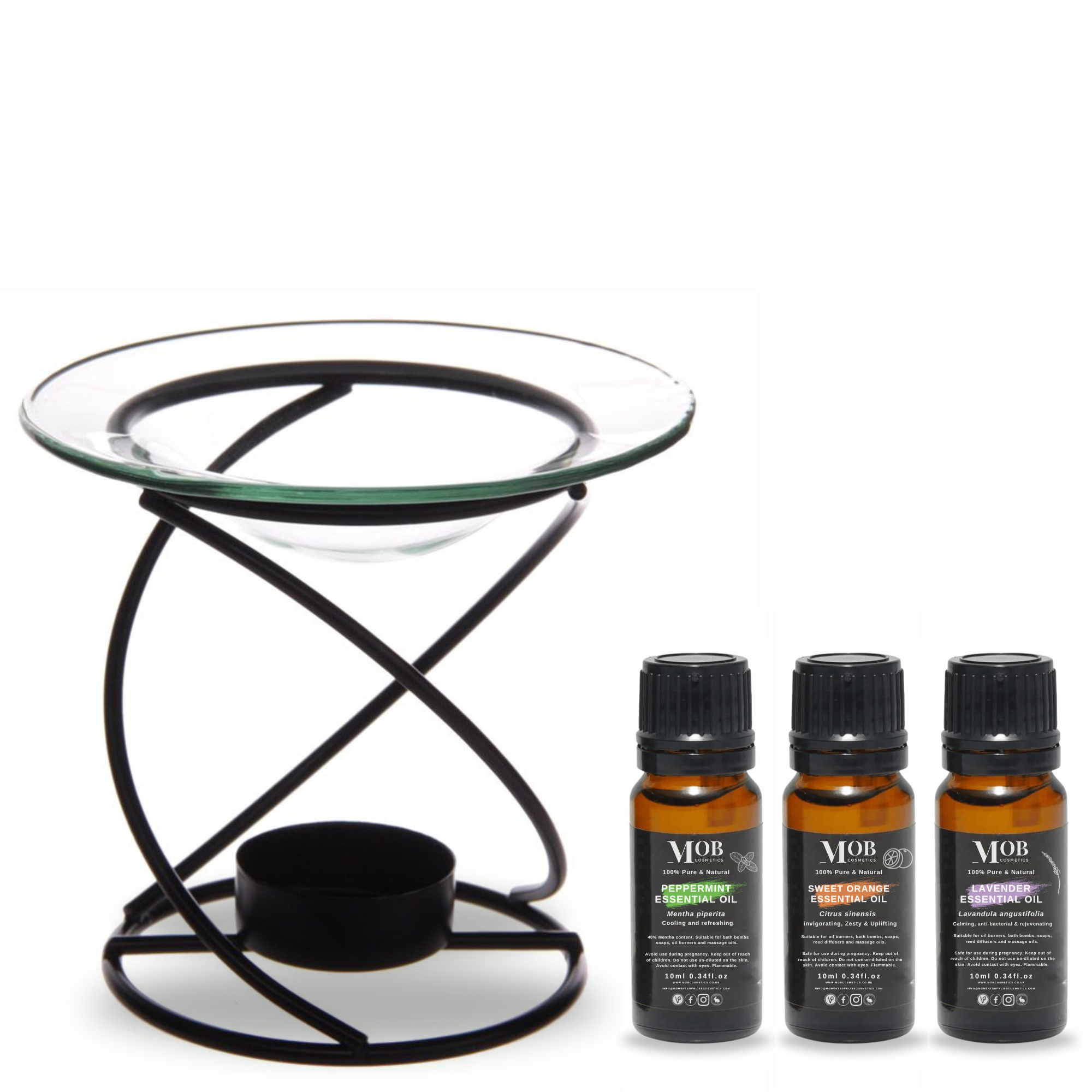 Black Metal Spiral Oil Burner and Essential Oil Gift Set