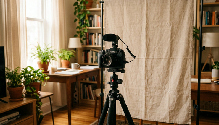 Eye-level view of a small home filming setup with a microphone and camera near a window.