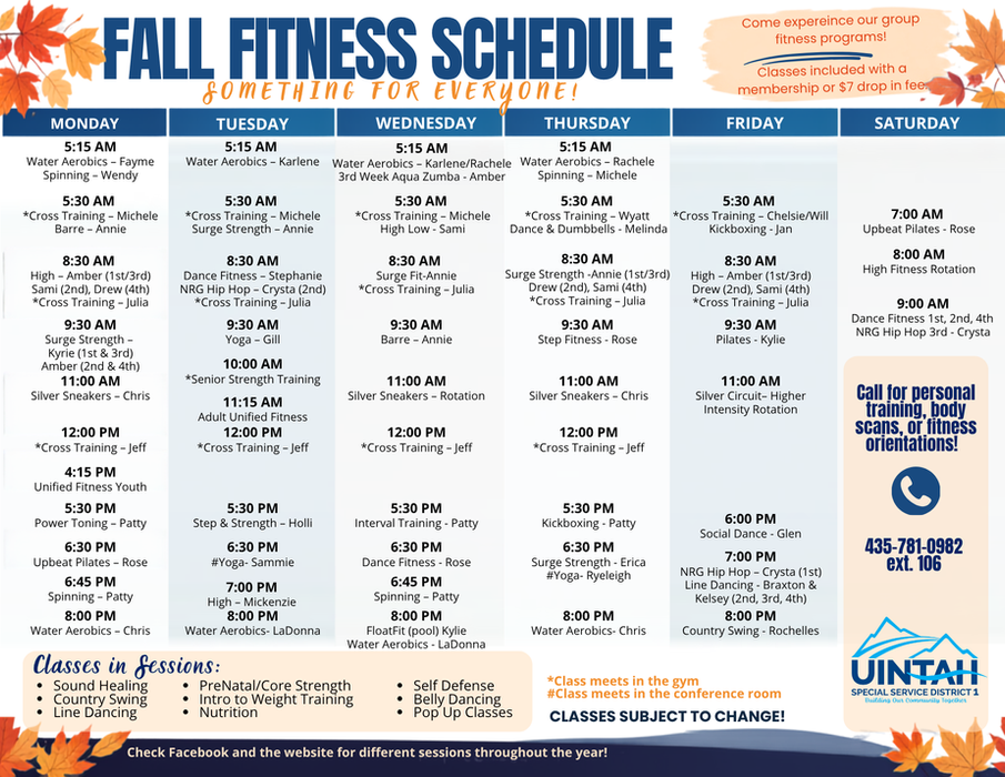 Fall Fitness Schedule flyer for Uintah Special Service District 1. A weekly grid (Monday–Saturday) lists group fitness classes with times, names, and instructors, including water aerobics, cross training, spinning, yoga, dance fitness, and kickboxing. Includes contact info (435-781-0982 ext. 106) and a note that classes are subject to change.