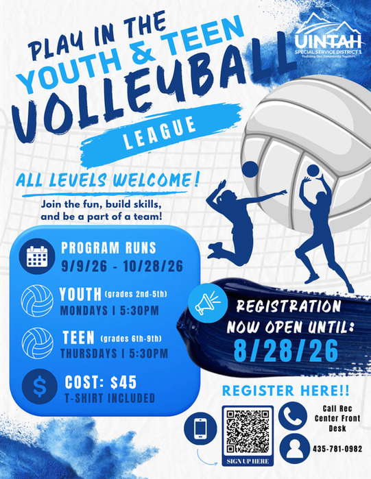 Flyer: Youth and Teen Volleyball League, September 9-October 28, 2026, $45, register by August 28