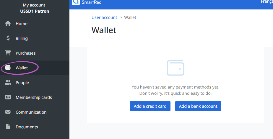 Screenshot of the Wallet page in Amilia SmartRec. The Wallet menu item is circled, with buttons to add a credit card or a bank account.
