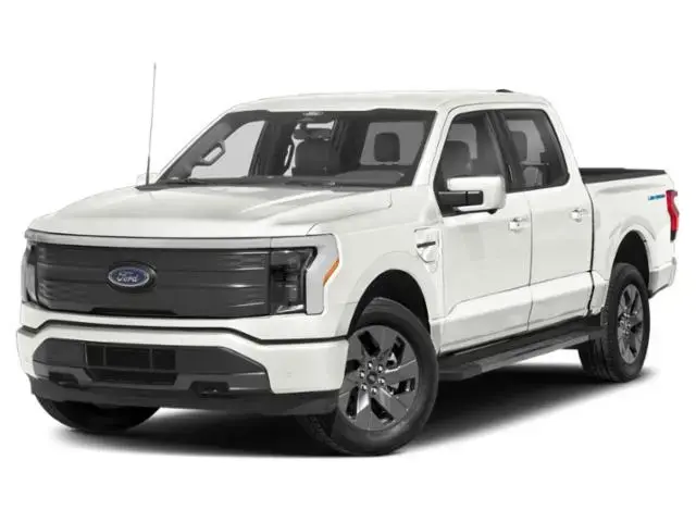 White Ford F-150 Lightening pickup truck product picture on a plain white background, showcasing a modern design with a black grille and sleek headlights.
