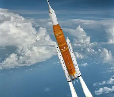 Artemis SLS Rocket by NASA launching up through clouds into outer space.