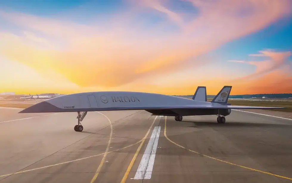 Hermes Quarterhorse Halcyon. A sleek hyperrsonic jet with "HALCYON" on side, parked on runway at sunset. Vibrant sky with orange and blue hues creating a serene atmosphere.