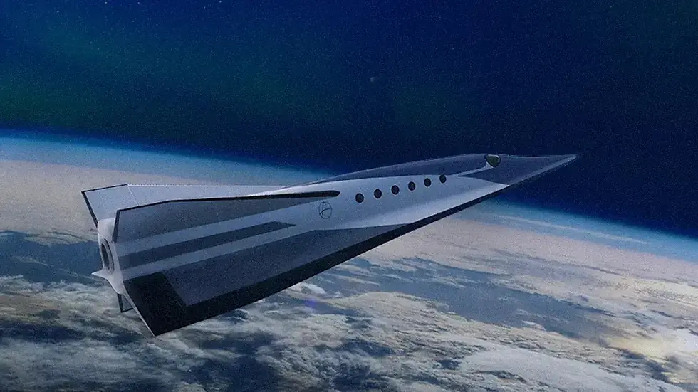SpaceX Suborbital Plane in Flight. A futuristic silver aircraft flying above Earth's atmosphere, set against a deep blue space backdrop with scattered clouds below.