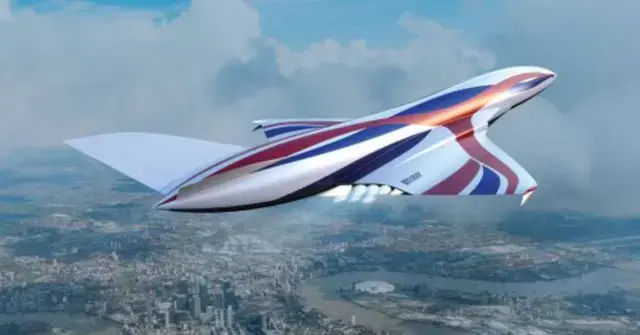 Hypersonic Passenger Concept Plane in Flight. Futuristic airplane with red, white, and blue stripes flies over a cityscape. The plane's sleek design contrasts with the cloudy sky.