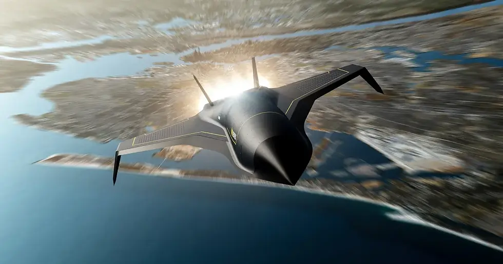 Hermes Hypersonic Plane in Flight. A sleek black aircraft with yellow stripes soars over a coastline, leaving a bright glow in its wake against a blurred aerial landscape.