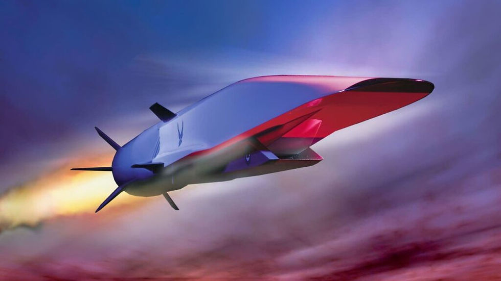 Boeing X-51 (Waverider) Scramjet Technology Concept Illustration. A sleek, red and white hypersonic missile speeds through a colorful sky, leaving a fiery trail, conveying motion and power.