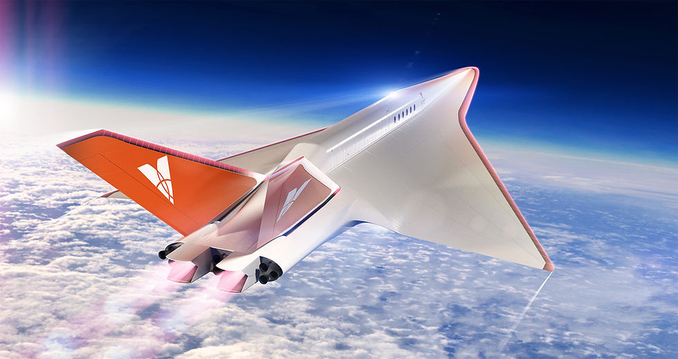 The Venus Stargazer™ M4 Future aircraft in flight with orange accents soars above clouds into a deep blue sky, conveying speed and innovation. Aircraft logo visible.