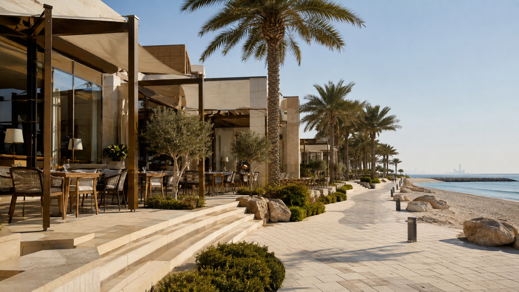 Dubai beachfront restaurants and hospitality promenade illustrating lifestyle infrastructure