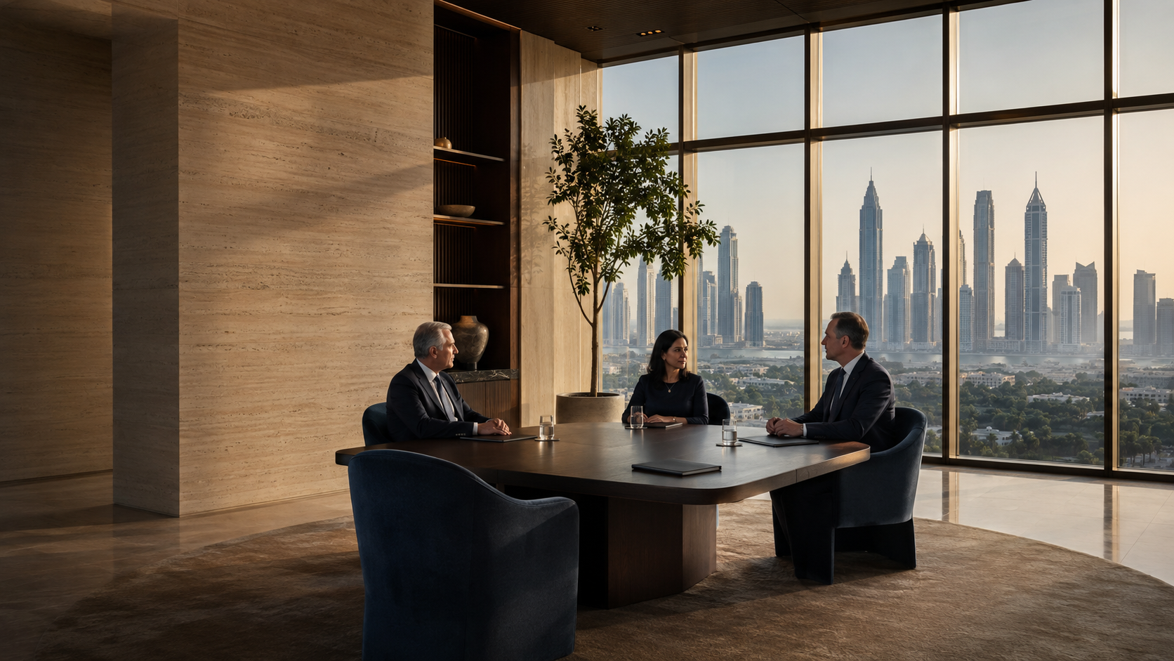 Private wealth professionals meeting in a contemporary Dubai financial setting