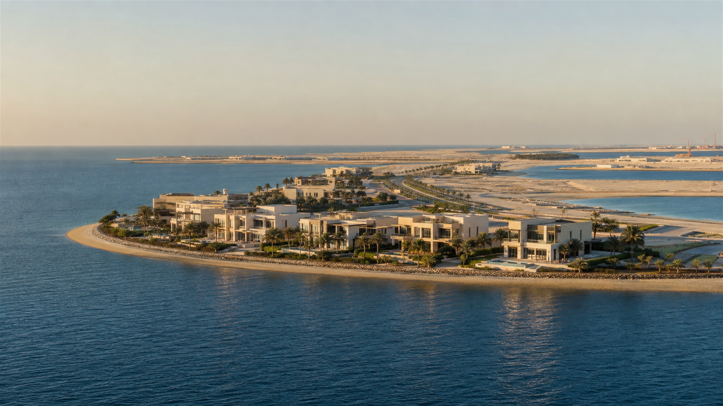 Conceptual editorial illustration of emerging Dubai waterfront villas and coastal infrastructure.