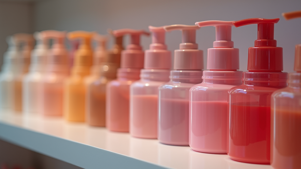 Close-up view of colorful cosmetic bottles on a shelf