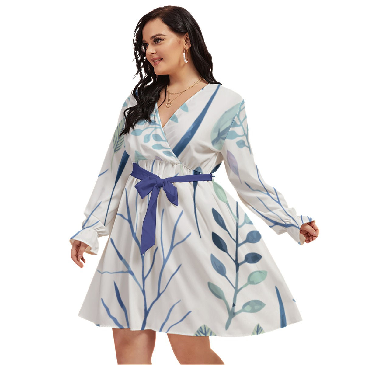 All-Over Print Women's V-neck Dress With Waistband(Plus Size)