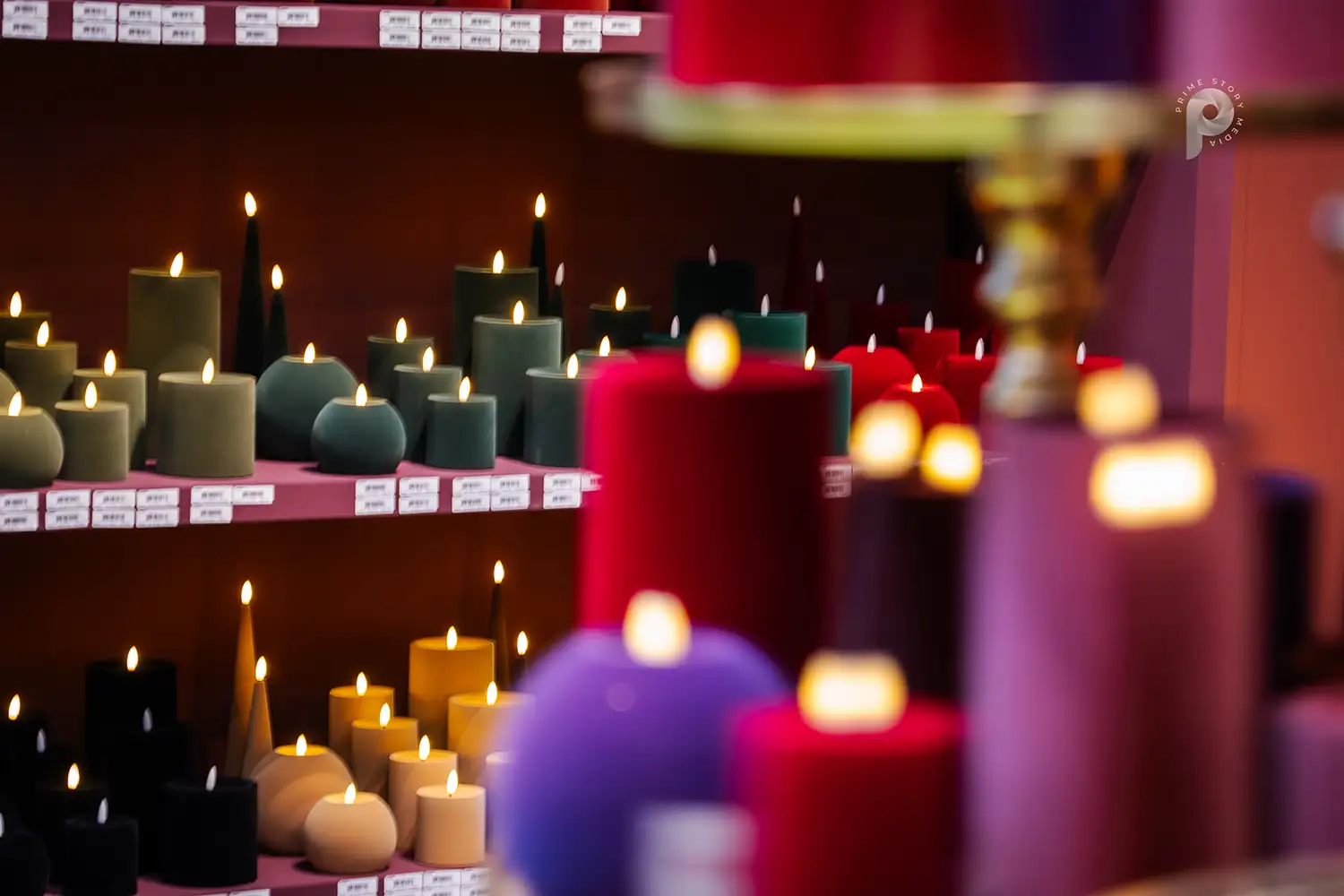A view of colorful candles but with artificial light