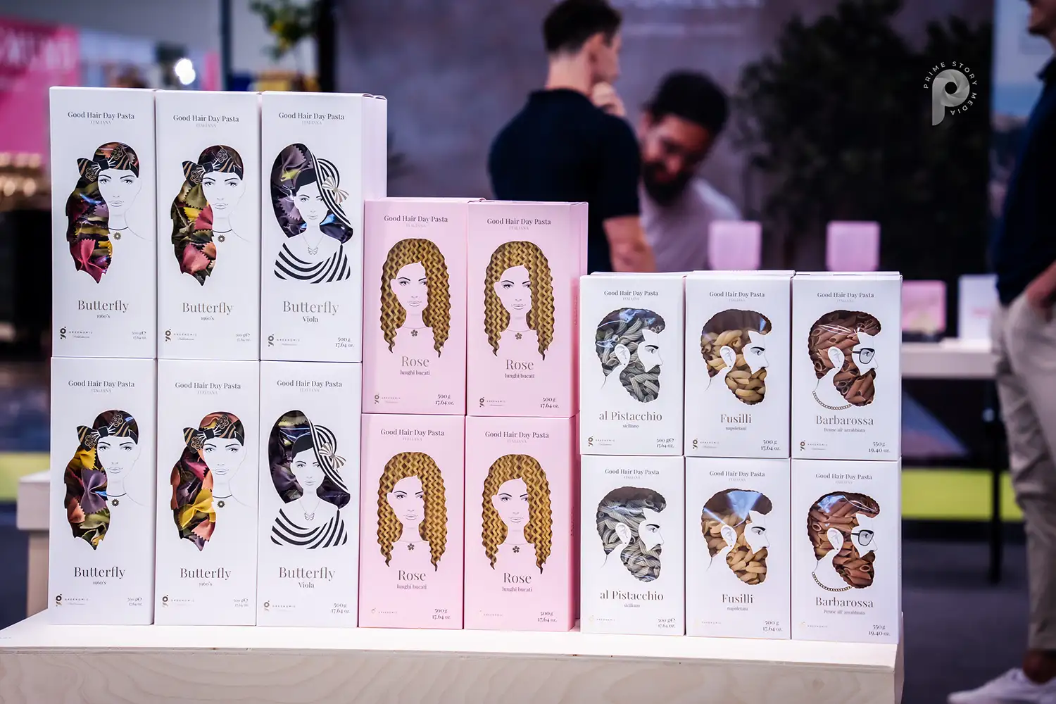 Creative packaging for Italian spaghetti with male and female faces and hair