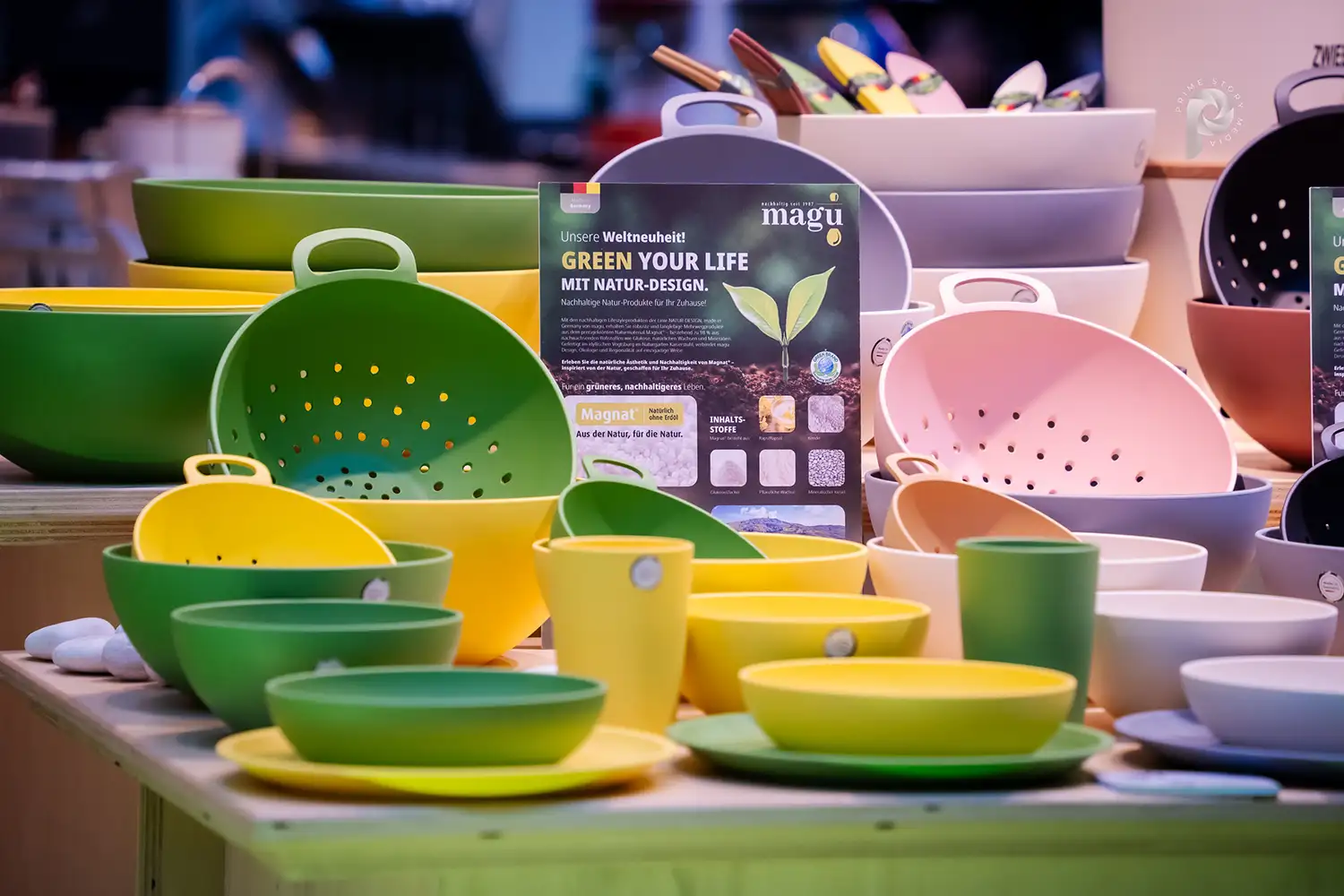 A view of green and yellow containers made from eco-friendly materials