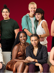 a group of 6 diverse queer couples posing together on a dark red background 