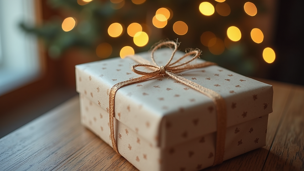 Eye-level view of a beautifully wrapped gift box with a handwritten note on top