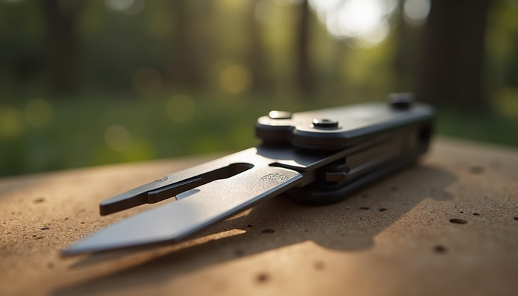 Eye-level view of a rugged multitool resting on a wooden surface