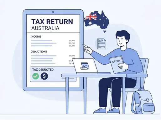 International student tax return in Australia, featuring a student completing a tax return with income, deductions, and tax-deducted details.