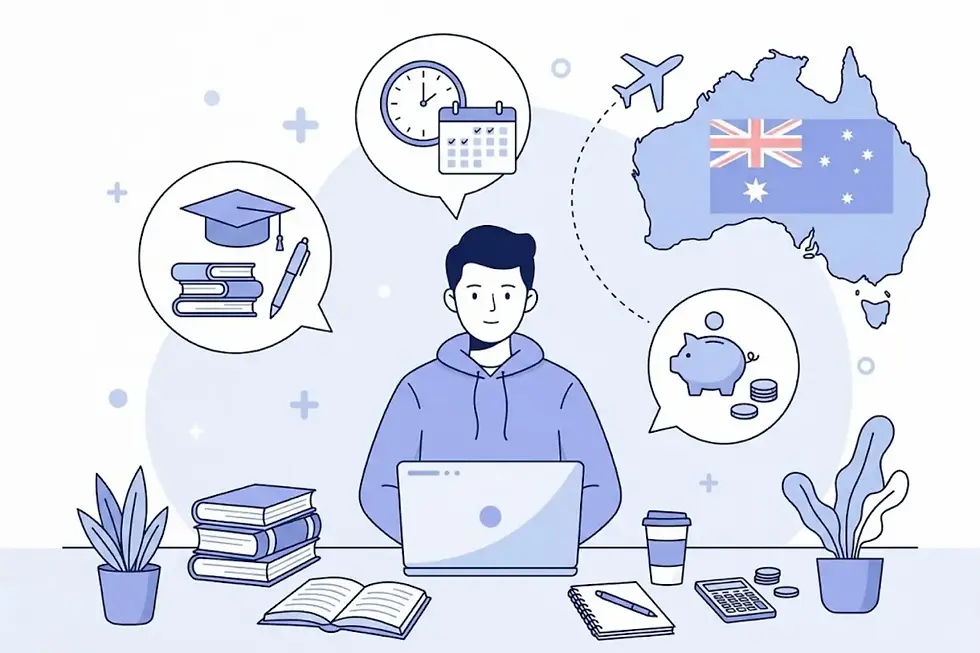 Student tax return Australia illustration with a student, laptop, calculator, study books and tax documents.