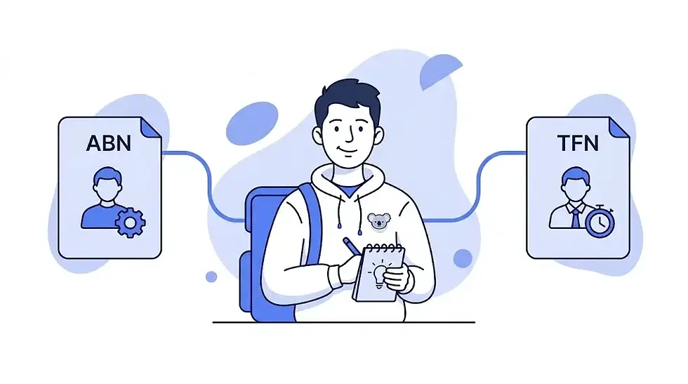 Student tax return illustration showing ABN vs TFN, with an Australian flag, graduation cap, backpack, books, tax documents, calculator, Uber delivery and transportation icons, and online study elements in a blue-and-white design.