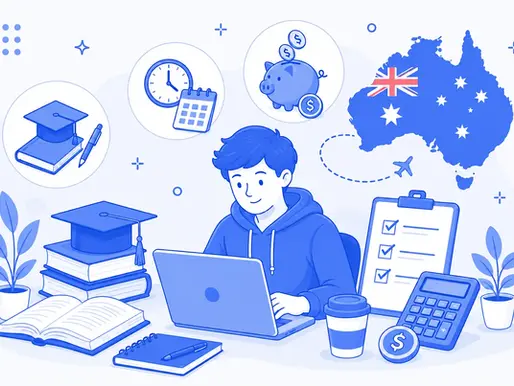 Student tax return Australia illustration with a student, laptop, calculator, study books and tax documents.
