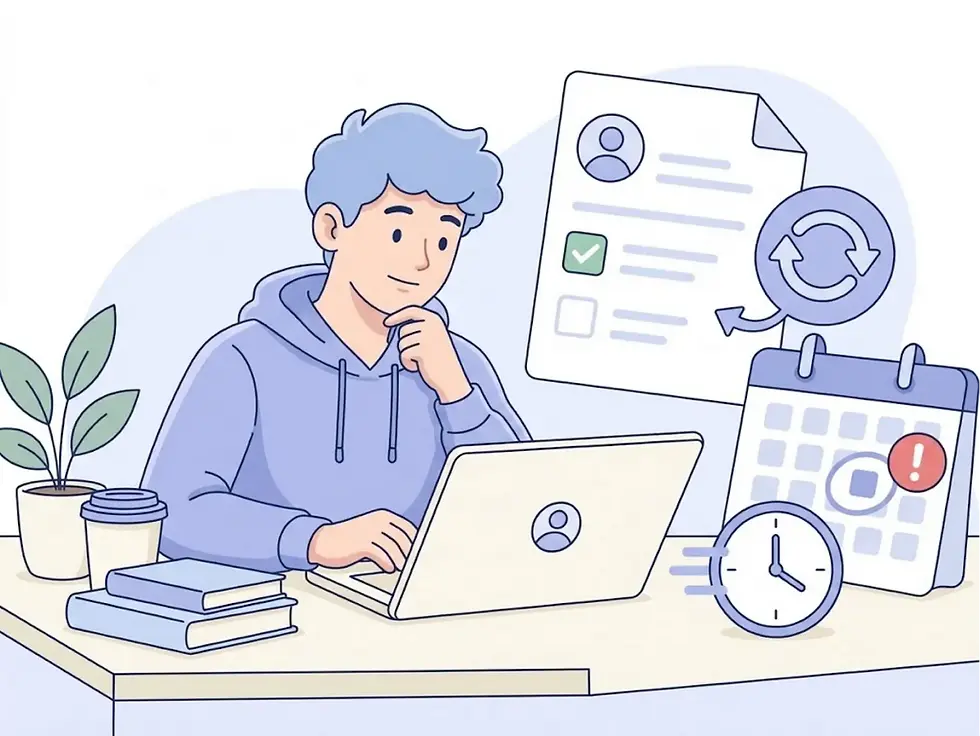 Student tax return illustration showing a student reviewing a tax document on a laptop, with a refresh symbol, calendar deadline, and clock representing a late or amended student tax return in Australia.