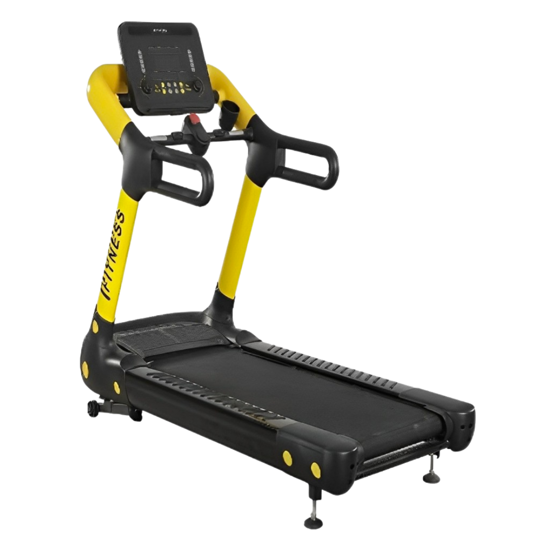 Vista isométrica caminadora electrica profesional amarillo con negro