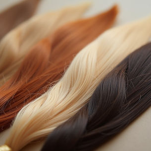Verschillende haarlokken in tinten rood, blond en bruin liggen naast elkaar op een beige achtergrond, glanzend en netjes gerangschikt.