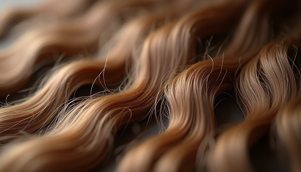 Golvende lokken bruin haar in close-up, met glanzende textuur. Warme tinten en een zachte, rustige achtergrond.