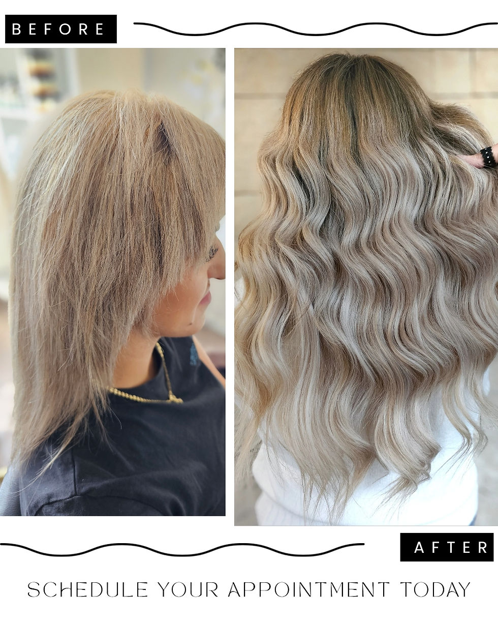 Twee foto's van een kapsel: voor kort, steil haar; na lang, golvend haar. Tekst: "BEFORE", "AFTER", "SCHEDULE YOUR APPOINTMENT TODAY".