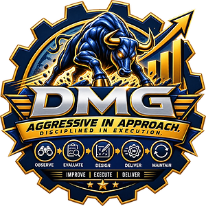 DMG aggressive approach icon featuring a charging bull, performance growth chart, and five-step process of Observe, Evaluate, Design, Deliver, and Maintain, representing disciplined supply chain execution and continuous improvement