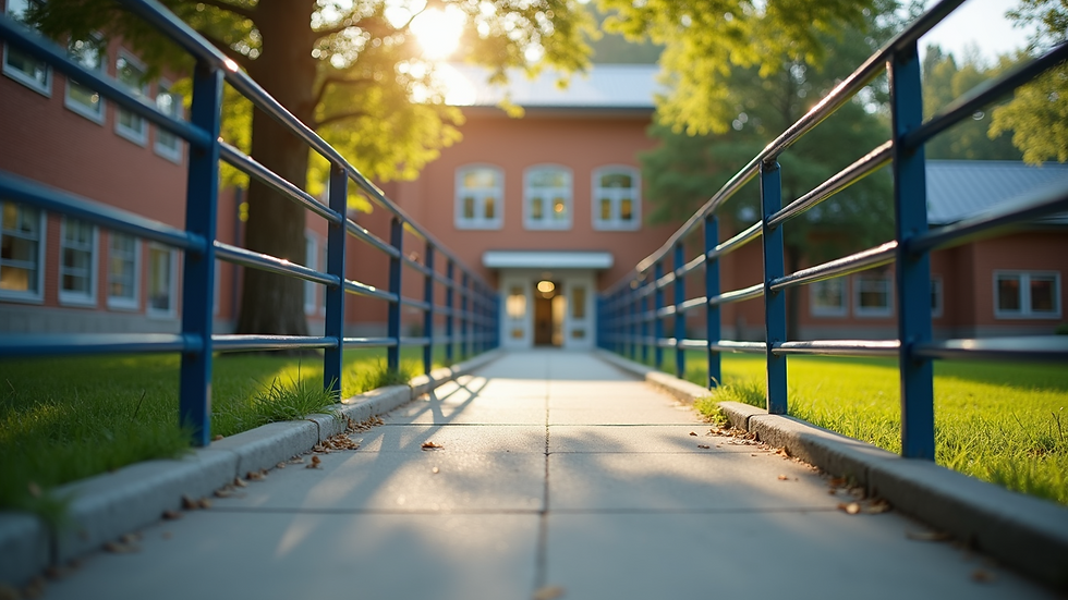 Close-up of a wheelchair-accessible ramp leading to a school entrance