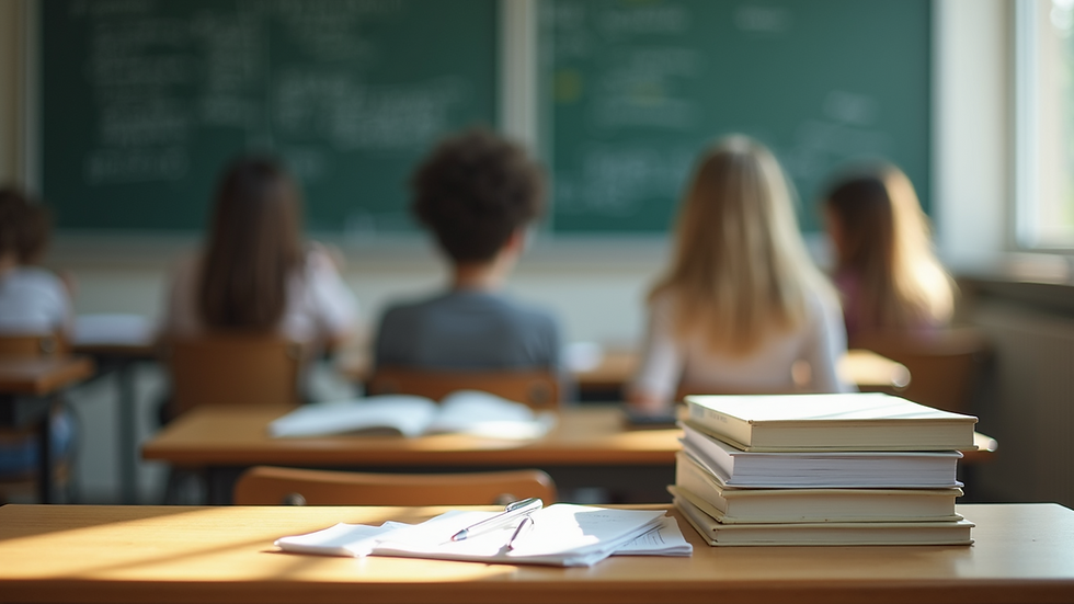Close-up view of a classroom desk with books and writing materials ready for a workshop