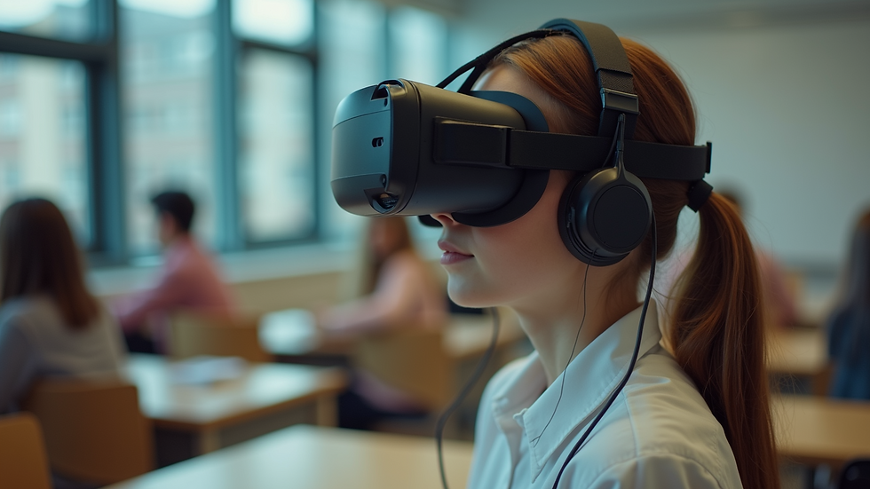 High angle view of a student using VR headset in a classroom