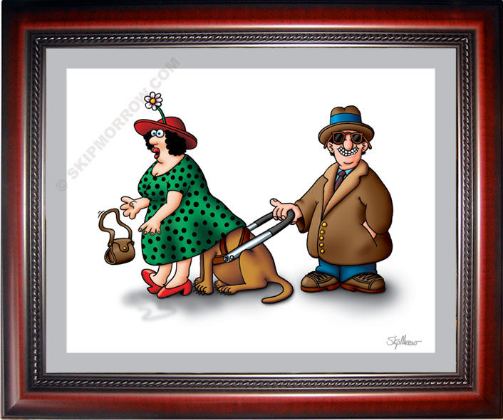 skip morrow, cartoon, humor, blind, man, seeing eye dog, lady, dress, dirty old man, fine art, art print, artist, cartoonist