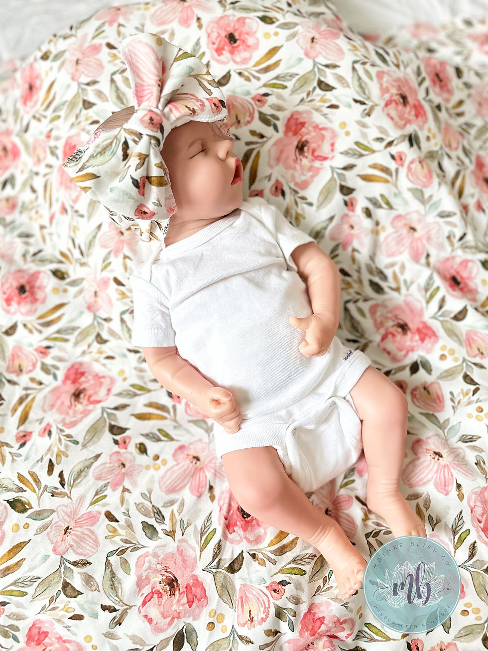 Thumbnail: Sweet Pea Garden Watercolor Swaddle Blanket + Knotted Beanie Hat + Oversized Bow